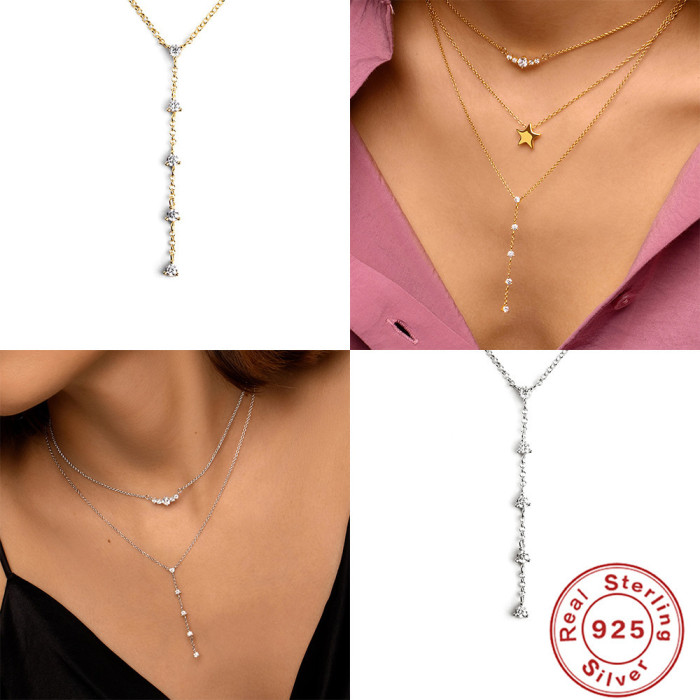 S925 Sterling Silver Geometric Stacked Colorful Inlaid Diamond Necklace European and American Light Luxury Ice Crystal Diamond Layered Tassel Collarbone Necklace