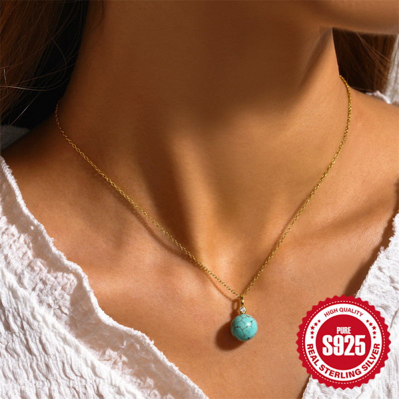 New 925 Sterling Silver Spherical Turquoise Pendant Collarbone Necklace European and American Hot-Selling Elegant Versatile Gemstone Collarbone Chain