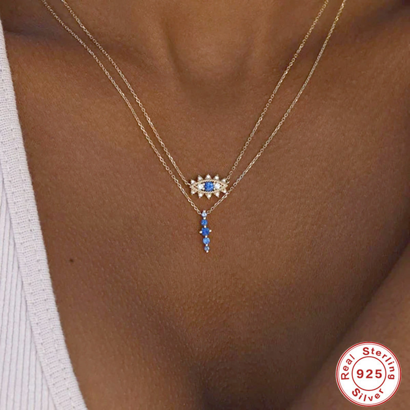 S925 Sterling Silver Evil Eye Layered Diamond Pendant Collarbone Necklace European and American Classic Hot Selling K Gold Plated Collarbone Chain