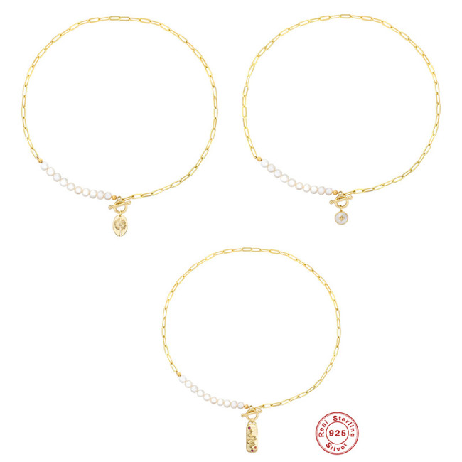 S925 Sterling Silver Paperclip Chain Pearl Sunflower Pendant Collarbone Necklace Internet Celebrity Street Style Personality K Gold Plated Necklace