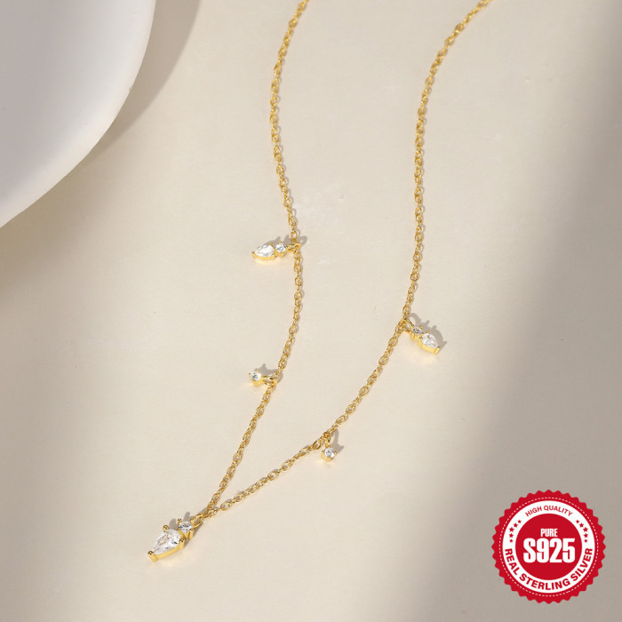 925 Sterling Silver INS Style Horse Eye Stone-Inlaid Geometric Tassel Necklace French Style Super Shiny Elegant Ver...