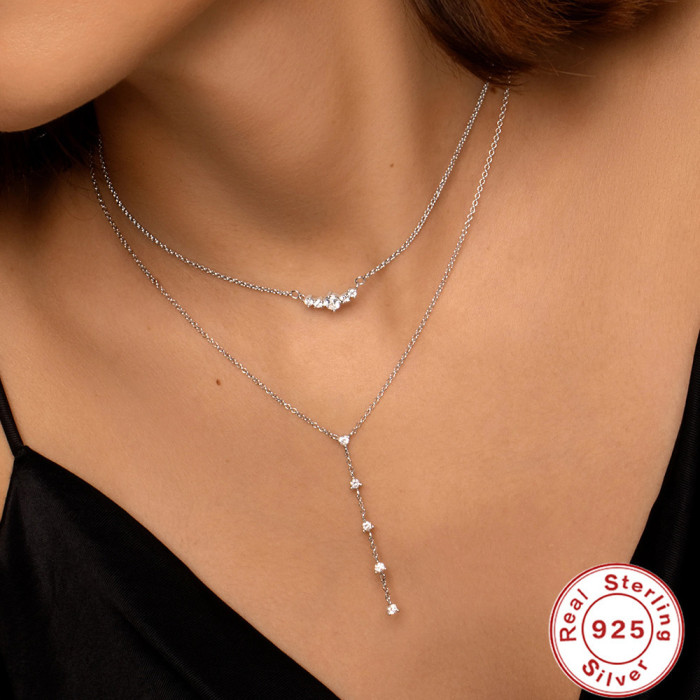 S925 Sterling Silver Geometric Stacked Colorful Inlaid Diamond Necklace European and American Light Luxury Ice Crystal Diamond Layered Tassel Collarbone Necklace