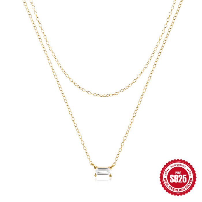 S925 Sterling Silver Elegant Layered Square Diamond Double Chain Collarbone Necklace for Women European and American Hot Selling Ins Necklace Accessories