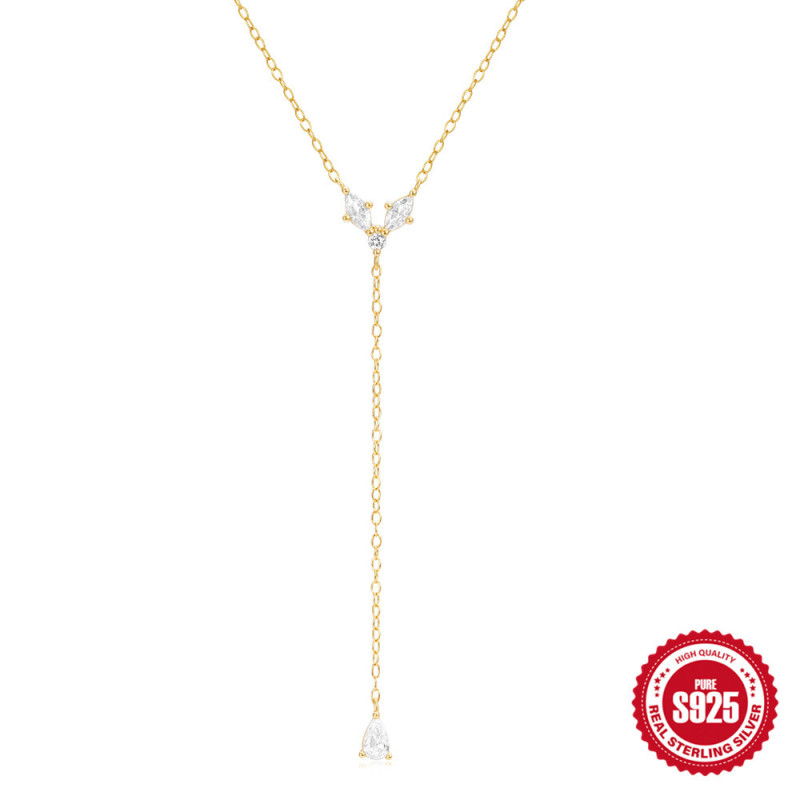 S925 Sterling Silver Inlaid Diamond Geometric Y-Shaped Trendy Women's Collarbone Necklace AliExpress Hot Sale Water Drop Super Sparkling Collarbone Chain