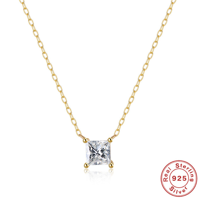 S925 Sterling Silver Square Four-Prong Marquise Colorful Stone-Inlaid Collarbone Necklace Elegant French Style Coll...