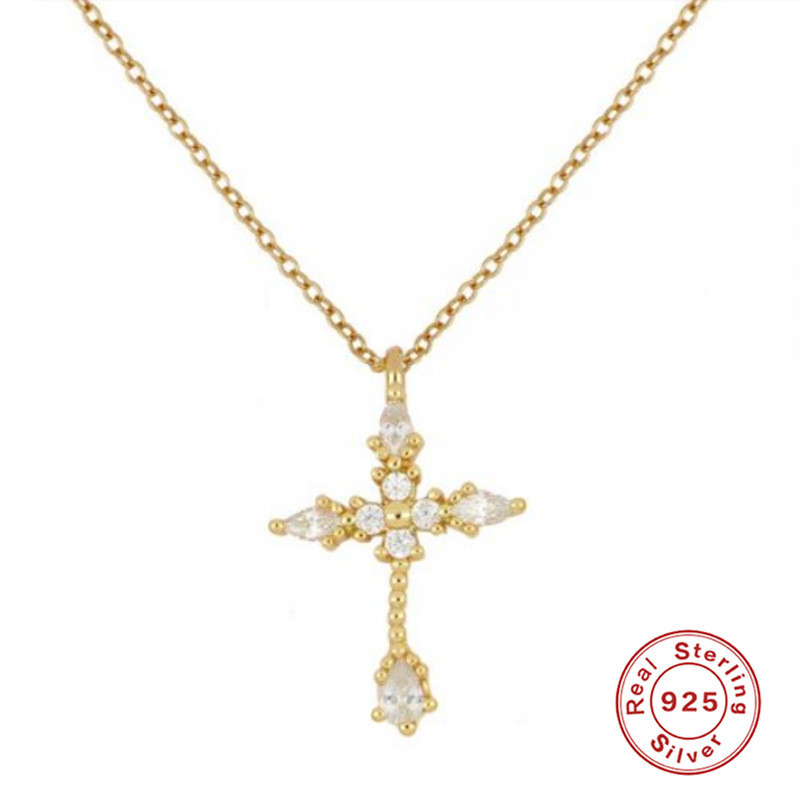 S925 Sterling Silver Cross Inlaid with Diamonds Versatile Collarbone Necklace Korean and Japanese Style Elegant Personality K Gold Plated Light Luxury High-end Necklace