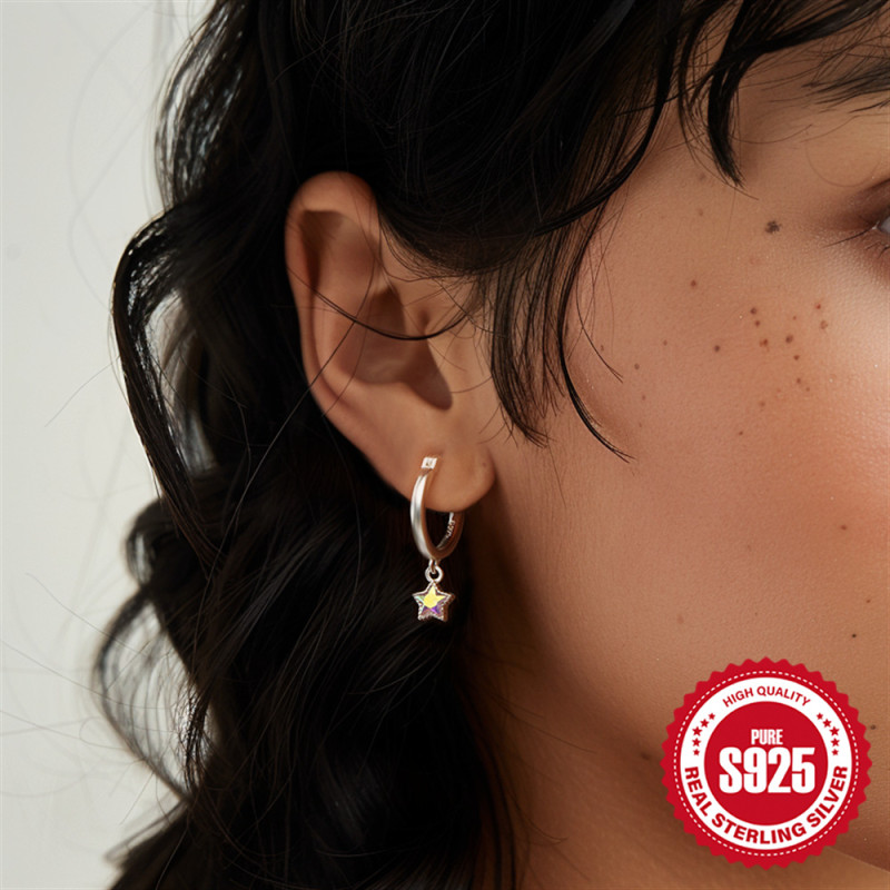 S925 Sterling Silver Versatile Five-Pointed Star Square Inlaid Diamond Earrings Hoop Earrings Ear Clips Korean Style Elegant Personality Ear Jewelry