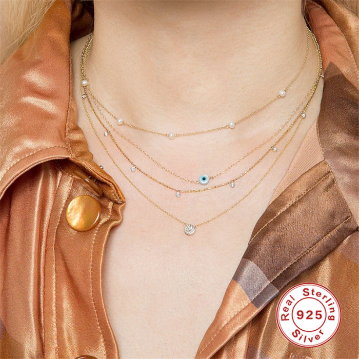 S925 Sterling Silver Creative Personality Devil's Eye Women's Collarbone Necklace European and American Hot-Selling French Style Elegant Collarbone Chain