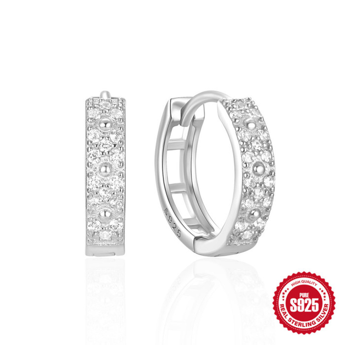925 Sterling Silver Classic Basic Versatile Wide Stone-Studded Hoop Earrings for Women, Hot-Selling Elegant Ear Jew...