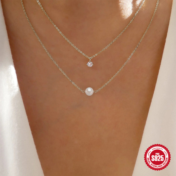 S925 Sterling Silver Double Layer Stacked Four-Prong Inlaid Diamond Pearl Necklace European and American Hot Selling Versatile Ins Style Trendy Collarbone Chain