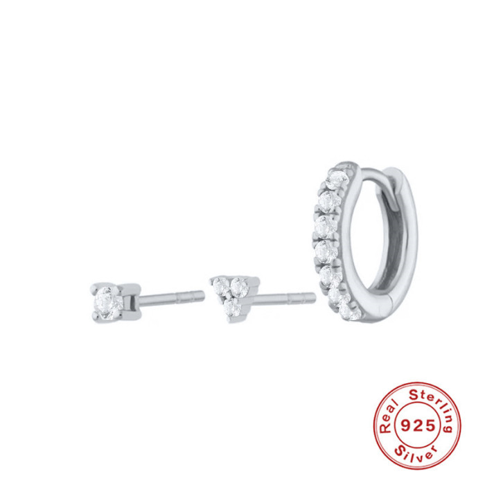 S925 Sterling Silver Diamond Trinity Combination Earrings Studs European and American Fashion Versatile Trendy INS Earrings Ear Clips
