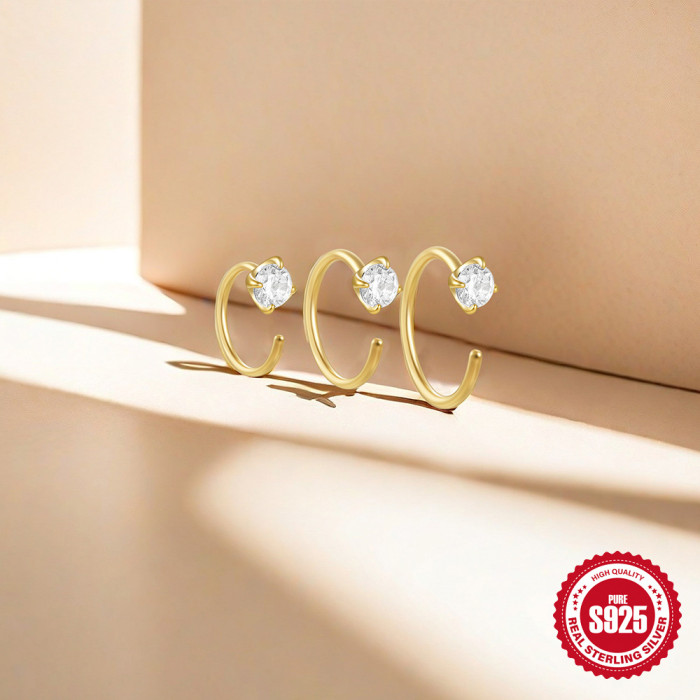 New S925 Sterling Silver C-Shaped Four-Prong Stone-Studded Piercing Threader Ear Clip Earrings Set Hot-Selling Crea...