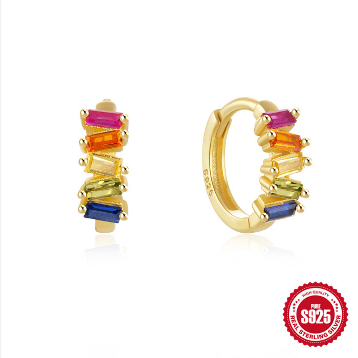 S925 Sterling Silver Irregular Geometric Colorful Zircon Earrings for Women Hoop French Style Bohemian Earrings