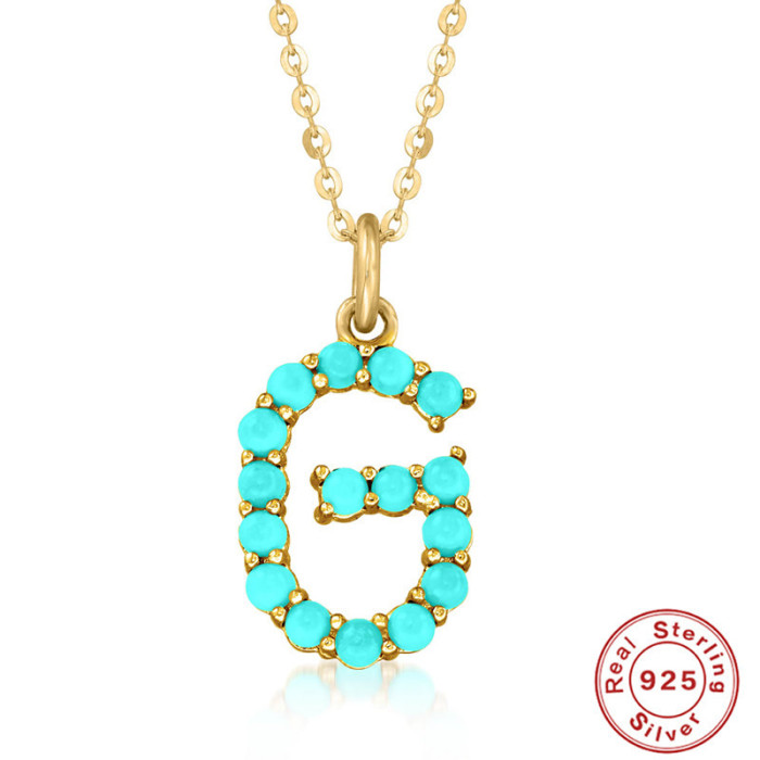 S925 Sterling Silver 26 Letter Necklace Style High-end Natural Turquoise Initial Letter Necklace Collarbone Chain