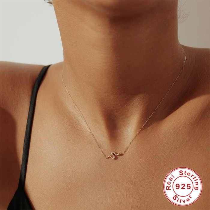 S925 Sterling Silver INS Style Simple Fun Inlaid Diamond Snake Necklace European American French Style Personality Creative Clavicle Chain