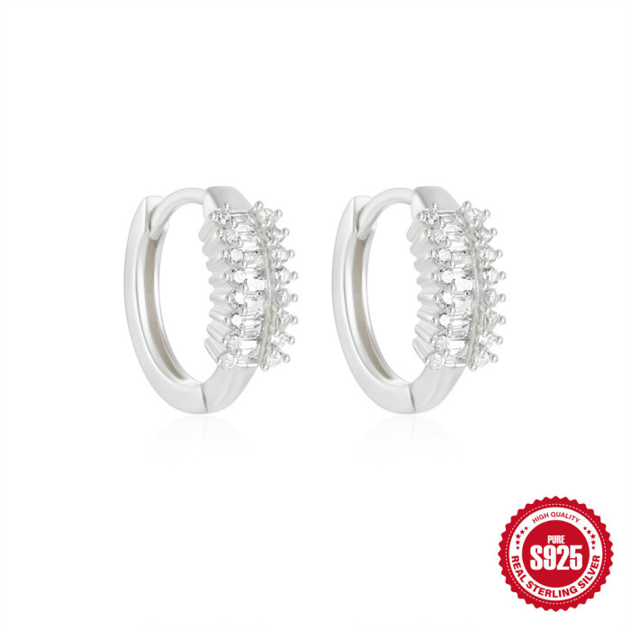 New S925 Sterling Silver Classic Stone-Studded Small Round Geometric Hoop Earrings Hot-Selling Creative Ear Jewelry