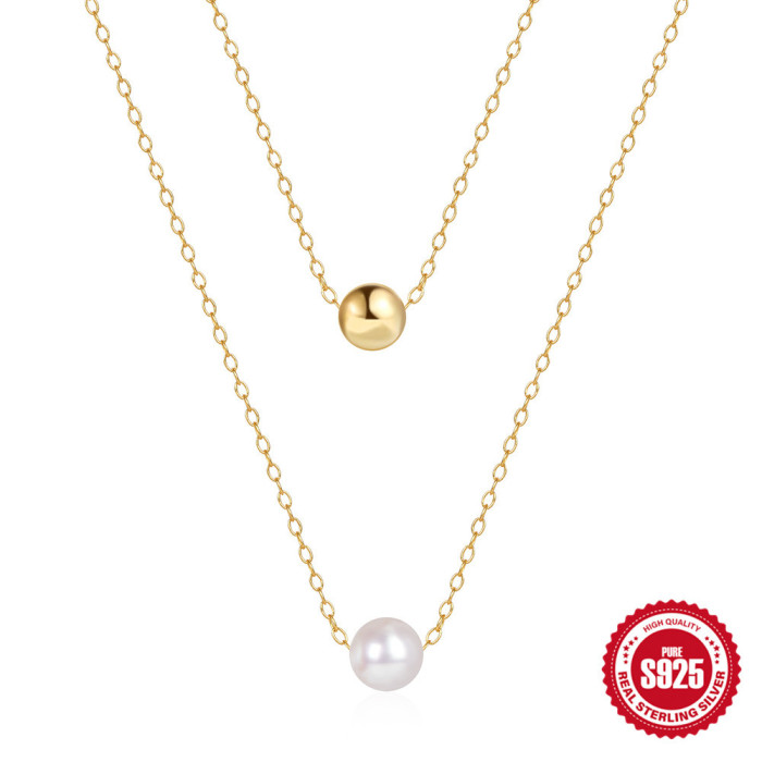 In Stock S925 Sterling Silver Double Layer Stacked Pearl Round Bead Collarbone Chain European and American Hot Selling Elegant Niche High-end Necklace