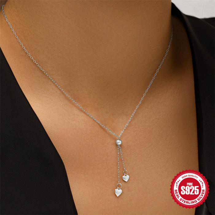 S925 Sterling Silver Tassel Long Adjustable Heart Collarbone Necklace European and American Hot-Selling Elegant Round Bead Heart Necklace for Women