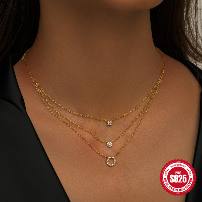 S925 Sterling Silver Geometric Round Diamond-Inlaid Three-Layer Stacked Collarbone Chain European and American Hot-Selling Light Luxury Elegant Versatile Necklace for Women