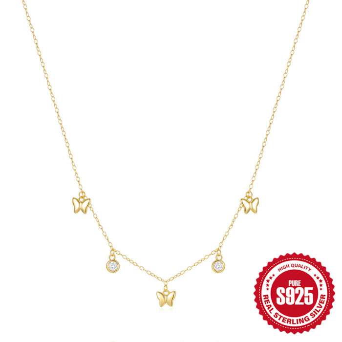 925 Sterling Silver INS Style Butterfly Zircon Layered Collarbone Chain European and American Hot-Selling Fashion Simple Versatile High-End Necklace
