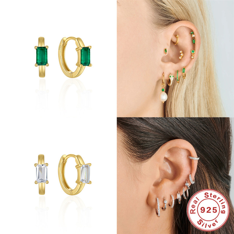 S925 Sterling Silver Square Inlaid Diamond Hoop Earrings for Women, European and American Fashion Minimalist Ins Style Niche High-end Earrings