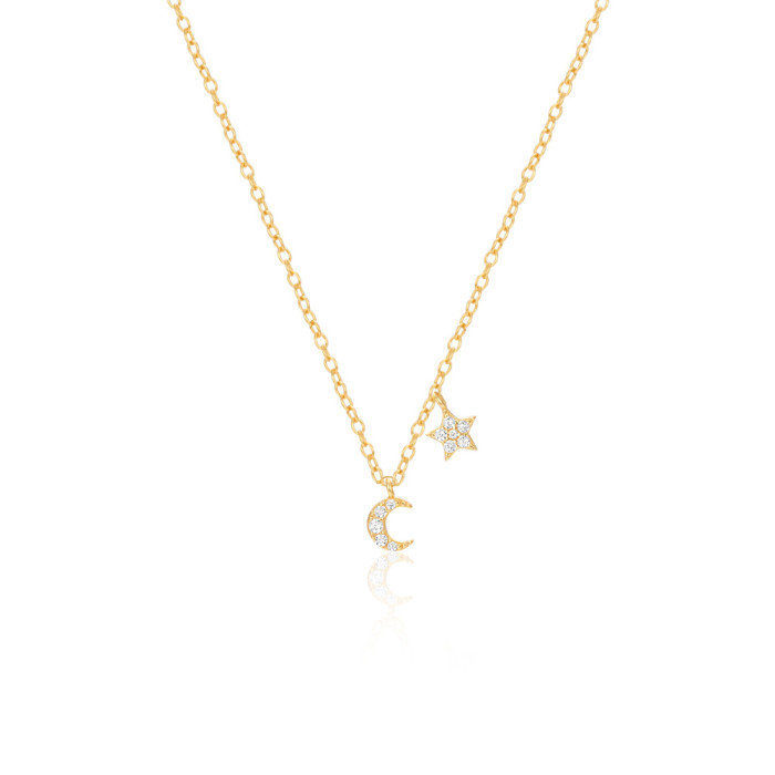 S925 Sterling Silver Five-Pointed Star Moon Double Element Versatile Collarbone Necklace European and American Hot-Selling Elegant Diamond-Studded High-End Necklace