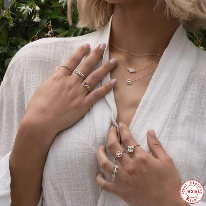 S925 Sterling Silver Ring-Shaped Diamond Rectangular Layered Collarbone Chain European and American French Style Super Sparkling Inlaid Diamond Elegant Necklace for Women