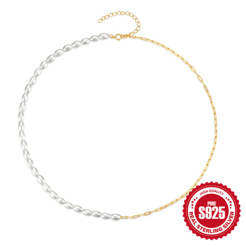 New 925 Sterling Silver Pearl Chain Splicing Necklace European and American Cross-Border Hot Selling Creative Paperclip Style Choker Necklace