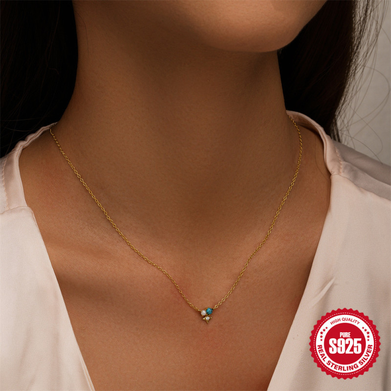 S925 Sterling Silver Turquoise Light Luxury Necklace for Women, Niche Design with Pearls, Simple Trendy French Style, Elegant and High-end Clavicle Chain