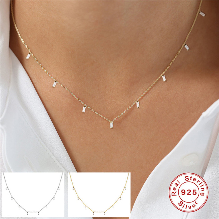 S925 Sterling Silver Minimalist Square Diamond-Studded Layered Collarbone Necklace for Women Korean and Japanese Style INS K Gold Plated Necklace Jewelry