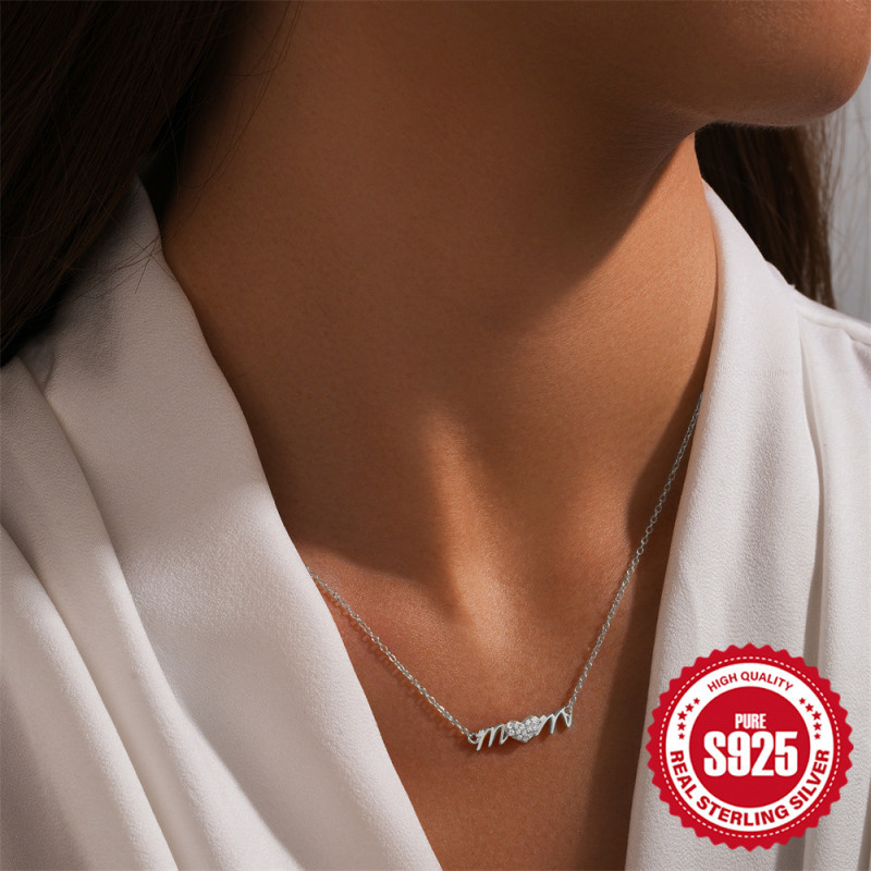 S925 Sterling Silver Heart-shaped English Letter MaMa Pendant Clavicle Chain European and American Hot-selling Diamond-encrusted Temperament Necklace Mother's Day