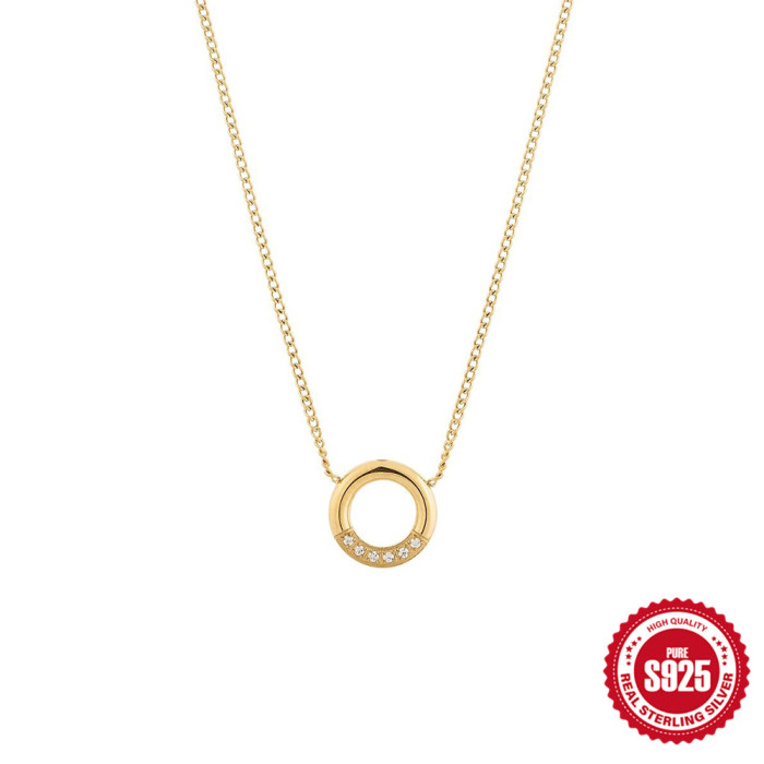 S925 Sterling Silver Simple INS Style Diamond-Studded Round Necklace for Women, European and American Fashion Niche Collarbone Chain Pendant Hot Jewelry