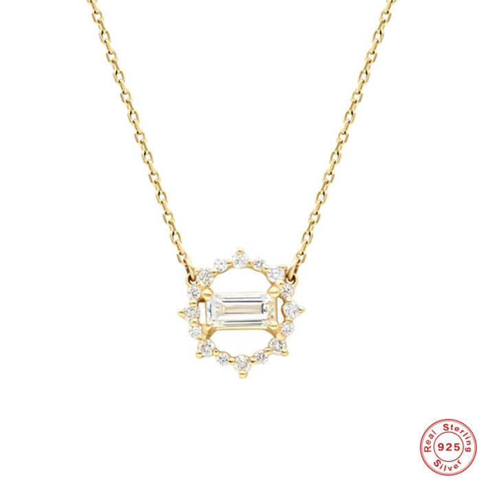 S925 Sterling Silver Ring-Shaped Diamond Rectangular Layered Collarbone Chain European and American French Style Super Sparkling Inlaid Diamond Elegant Necklace for Women