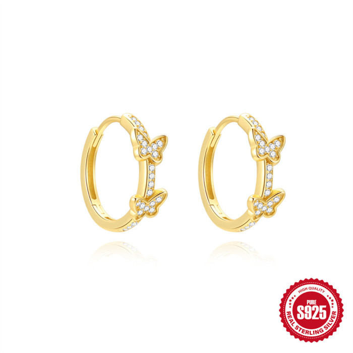 S925 Sterling Silver Inlaid Diamond Butterfly Four-Pointed Star Opal Earrings Super Sparkling Hoop Earrings European and American Hot-Selling Personality Earrings
