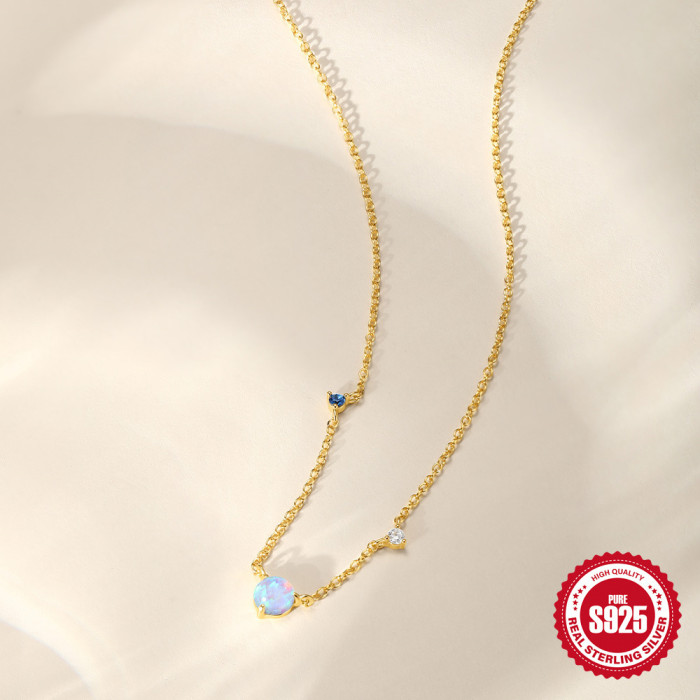 New S925 Sterling Silver Elegant Light Luxury Opal Inlaid Diamond Fashion Collarbone Chain Hot-Selling Niche High-End...