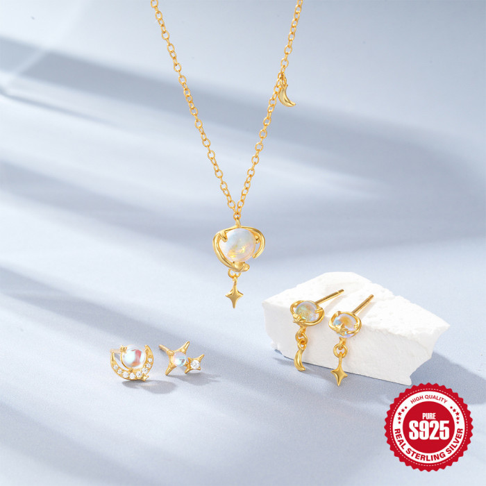 S925 Sterling Silver Planet Moonstone Elegant High-end Necklace and Earring Set European and American Hot-selling Diamond-studded Moon Earrings for Women