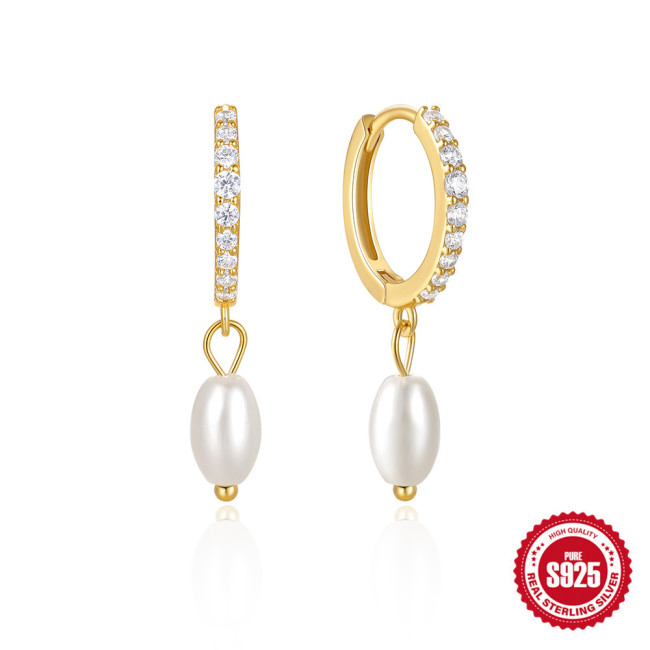 S925 Sterling Silver Light Luxury Elegant Diamond-Studded Pearl Hoop Earrings Ear Clips European and American Hot-Selling TikTok Same Style Pearl Earrings