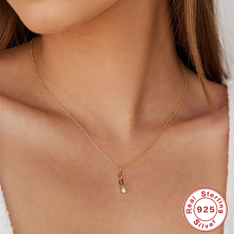 S925 Sterling Silver Paperclip Diamond-Studded Pendant Collarbone Necklace Korean Style Elegant Personality INS Niche Design Necklace