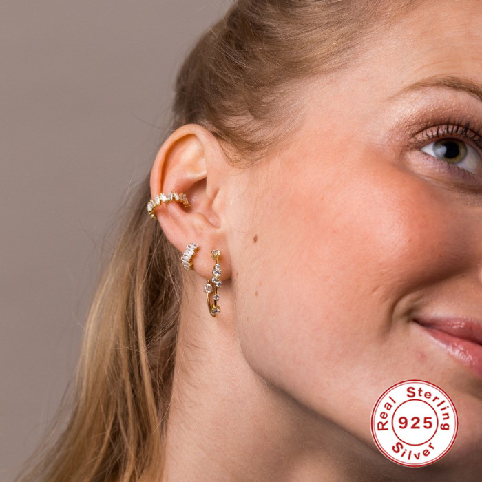 S925 Sterling Silver Inlaid Rectangular Zircon Earrings Versatile Ins Style Ear Cuff Simple Earrings Huggie