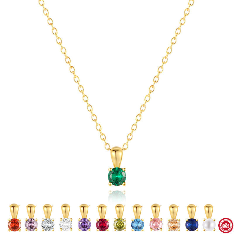 S925 Sterling Silver INS Style Daily Matching Geometric Personality Birthstone Inlaid Diamond Necklace Birthday Gift In Stock