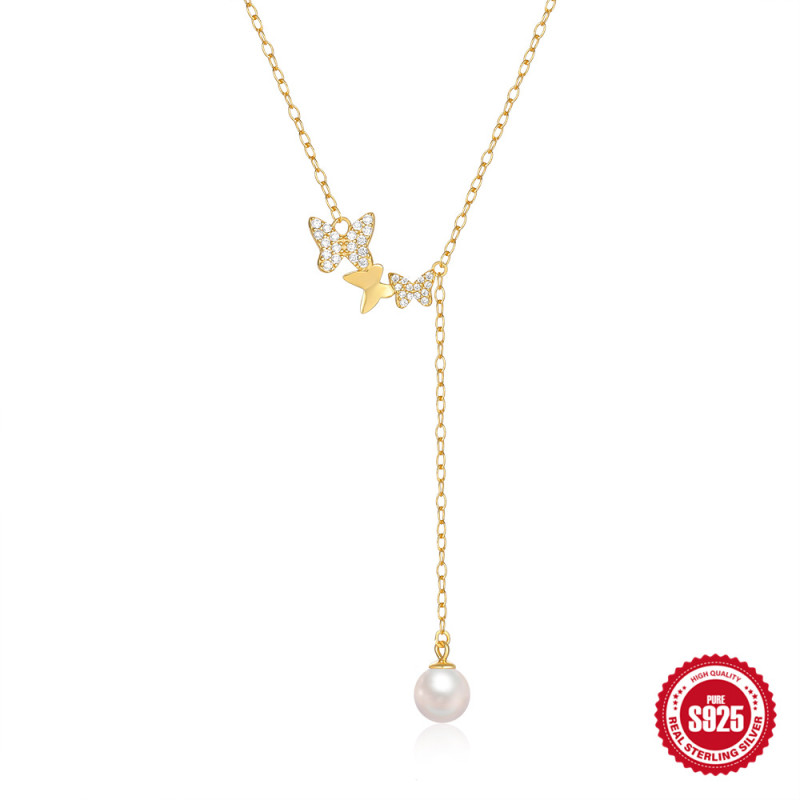 S925 Sterling Silver Large and Small Butterfly Inlaid Diamond Pearl Necklace European and American Hot Sale Sweet Ins Style Clavicle Chain Pendant Cross-Border