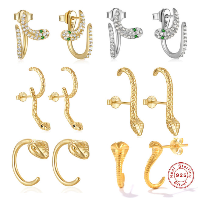 New 925 Sterling Silver Creative Irregular Stone-Studded Snake-Shaped Hoop Earrings Stud Earrings Fashion Hot-Selli...