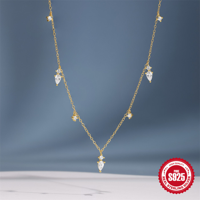 New 925 Sterling Silver Water Drop Diamond-Studded Layered Collarbone Necklace European and American Hot-Selling Light Luxury High-End Versatile Necklace for Women