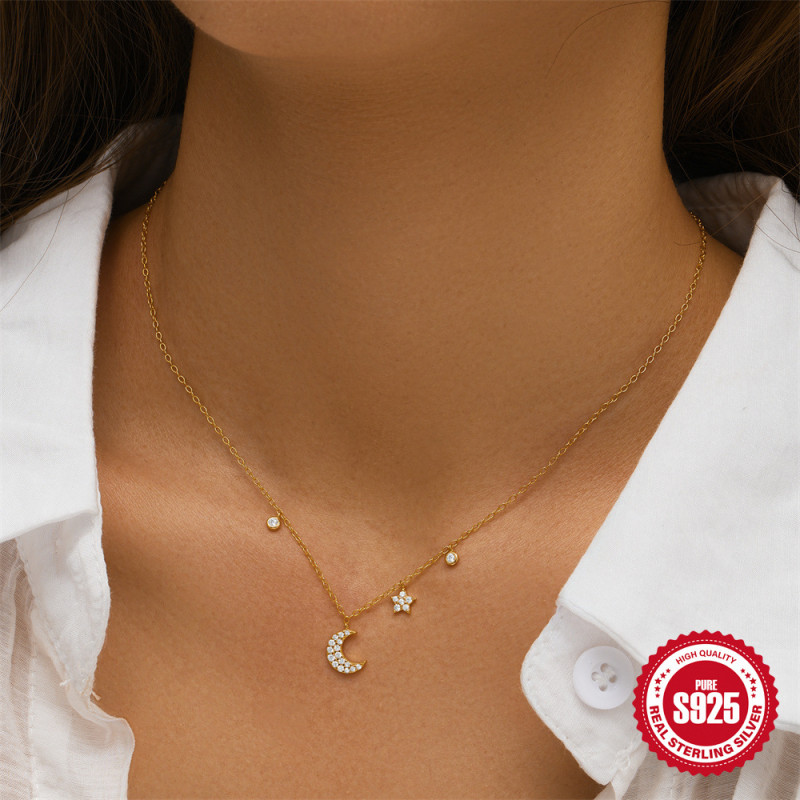 Classic 925 Sterling Silver Star Moon Inlaid Diamond Women's Layered Necklace European and American Hot-Selling Elegant Personality Ins Collarbone Chain