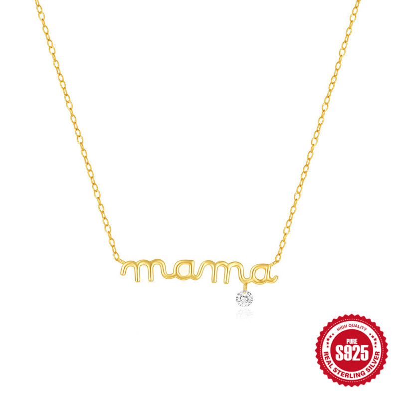 Hot Selling S925 Sterling Silver Mother's Day MAMA Diamond-Encrusted Women's Collarbone Necklace European and American Classic Light Luxury Elegant Collarbone Chain