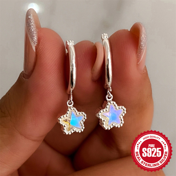 S925 Sterling Silver Versatile Five-Pointed Star Square Inlaid Diamond Earrings Hoop Earrings Ear Clips Korean Style Elegant Personality Ear Jewelry