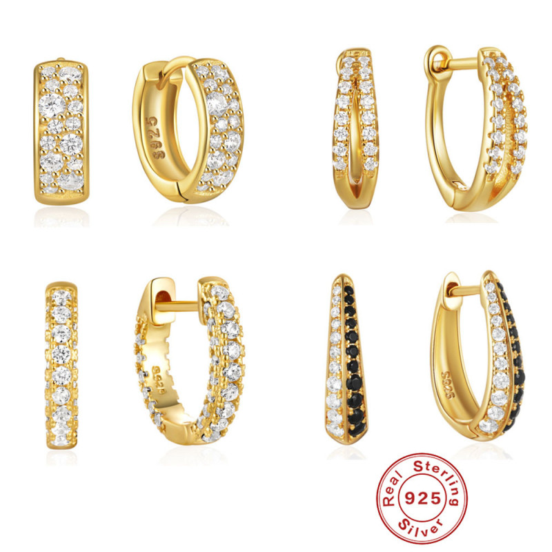 New 925 Sterling Silver Geometric Large and Small Diamond-Studded Hoop Earrings, Classic European and American Style, Hot-Selling INS Minimalist Earrings