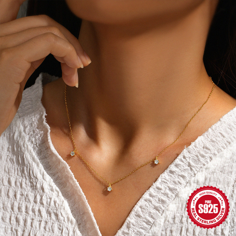 S925 Sterling Silver Three-Piece Spaced Layered Diamond-Studded Collarbone Necklace European and American Hot-Selling Fashion Simple Everyday Versatile Necklace