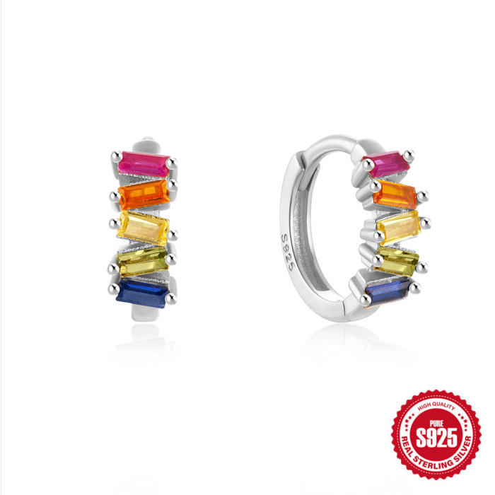 S925 Sterling Silver Irregular Geometric Colorful Zircon Earrings for Women Hoop French Style Bohemian Earrings