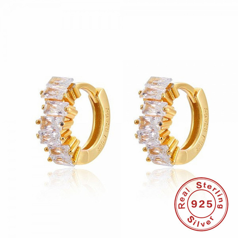S925 Sterling Silver Inlaid Rectangular Zircon Earrings Versatile Ins Style Ear Cuff Simple Earrings Huggie
